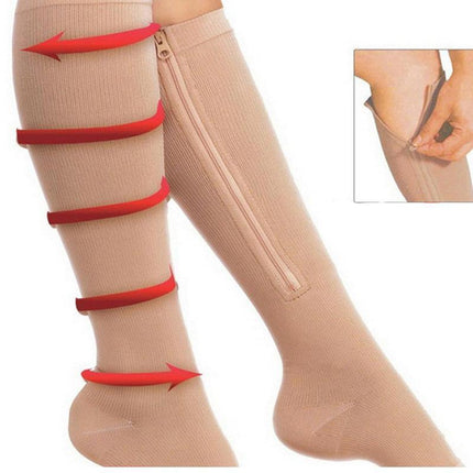 Zip Sox Compression Socks Zipper Leg Support Knee Open Toe Shaper Stockings Beige - Aimall
