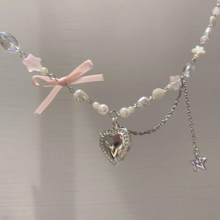 Pink Pentagram Love Pendant Necklace Sweet Jewellery Women Girls Cute Gift