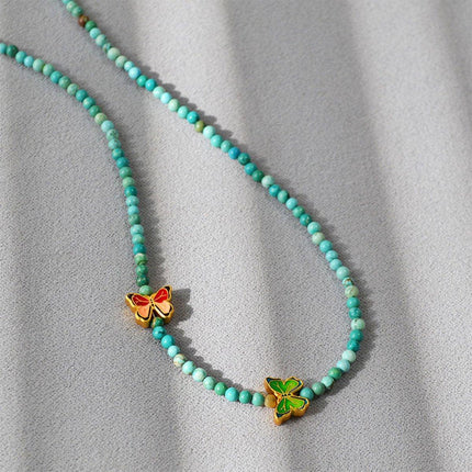 New Chinese Turquoise Butterfly Beaded Necklace and Bracelet Set Women
