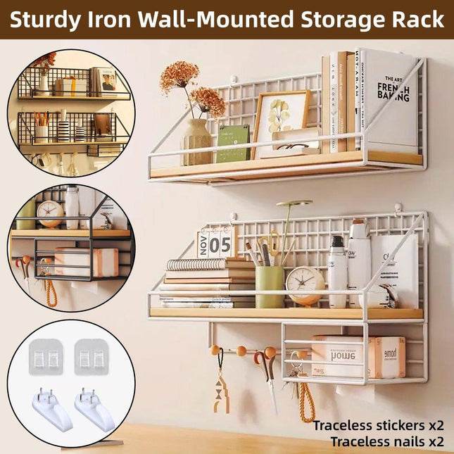No-Punch Wall Mounted Iron Storage Rack Hanging Shelf for Home Organisation