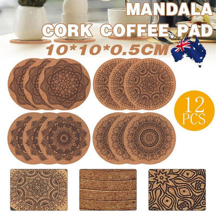 12Pc Cup Coasters Coffee Pad With Rack Nordic Mandala Round Cork Coaster - Aimall