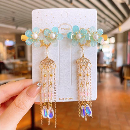 2Pcs Hanfu Flower Hair Clip Pearl Tassel Butterfly Hairpin Female/Children Party - Aimall