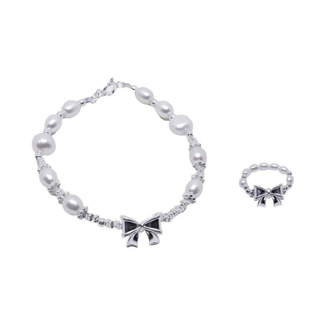 Pearl Ribbon Bracelet Ring Elegant Jewelry for Women Fashion Accessories Gift