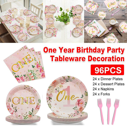 96pcs 1st Birthday Party Supplies Set Tableware Decorations for Baby Birthday