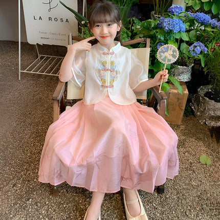 Girls Short Sleeve Dress Chinese Style Skirt Traditional Summer Outfit