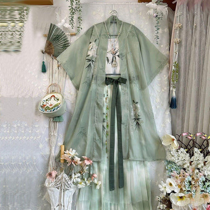 Hanfu Women Half Sleeve Pleated Skirt Waist Dress Spring Summer Daily Suit