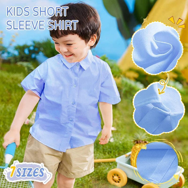 Boys Children's Kids Blue Short Sleeve School Shirt Open Neck With Lay Back Collar - Aimall