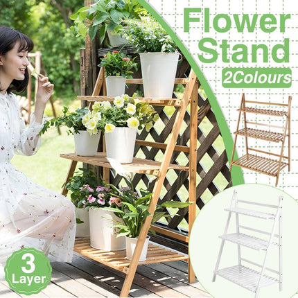 Balcony Plant Stand 3-Layer Wooden Flower Pot Corner Stand White Log Foldable - Aimall