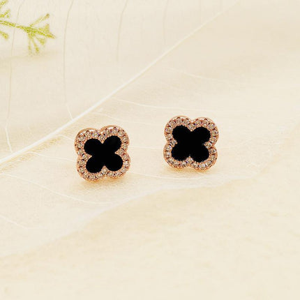 Fashion Flower Four-leaf Lucky Clover Rose Gold White Stud Earring Ladies - Aimall