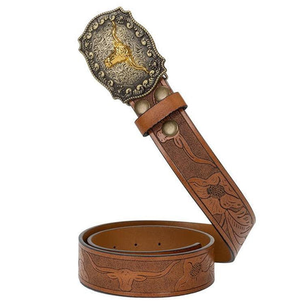 Retro Punk Belt with Cow Head Large Plate Buckle Trendy Western Waist Strap
