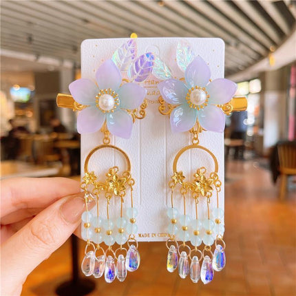 2Pcs Hanfu Flower Hair Clip Pearl Tassel Butterfly Hairpin Female/Children Party - Aimall