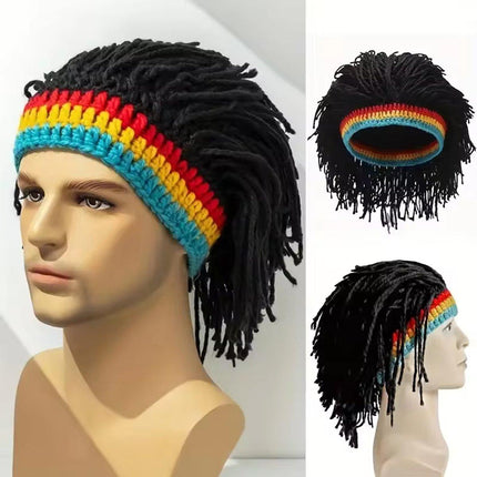 Quirky Warm Knitted Wig Hat Hip Hop Wool Cap for Men and Women with Braided