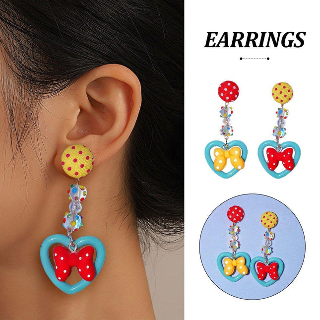 Trendy Bow Earrings Women Cute Peach Ear Clips Dotted Heart Stud Earrings