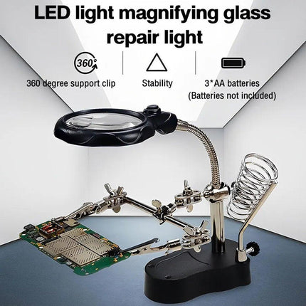 LED Magnifier Stand Holder Soldering Iron Tool Third Hand Helping Station