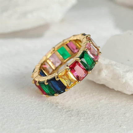 Rainbow Zircon Gemstone Ring Women's Stainless Steel Colourful Ring Size 6-10 - Aimall