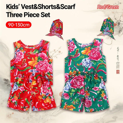 Floral Print Summer Outfit Cotton Vest Shorts and Scarf Three-Piece Set
