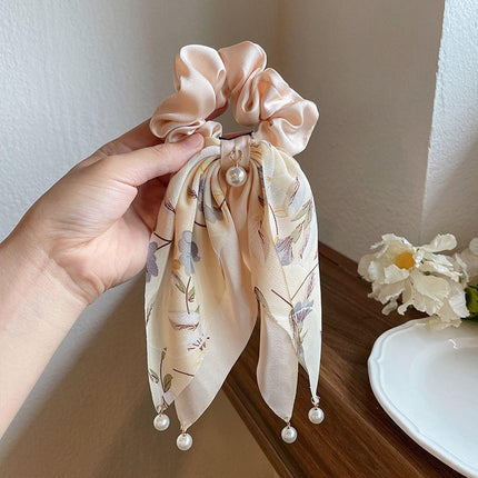 Vintage Boho Silk Bowknot Flower Hair Scrunchies Women Hair Bands Rope Pearl - Aimall
