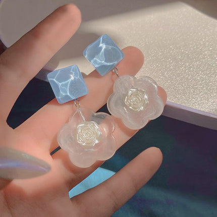 925 Silver Needle Rose Petal Earrings Long Acrylic Tassel Eardrop Women - Aimall