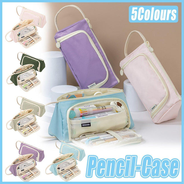 Large Capacity Twill Pencil Bag Multi Layer Stationery Storage Simple Colour