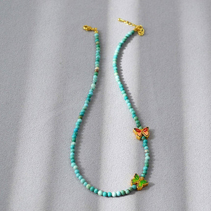 New Chinese Turquoise Butterfly Beaded Necklace and Bracelet Set Women