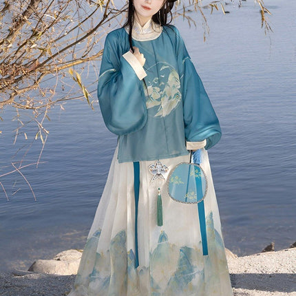 Hanfu Women Traditional Ming Style Round Neck Gown Horsefaced Skirt Set Dress - Aimall