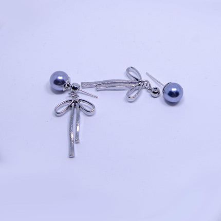 Grey Pearl Ribbon Long Tassel Earrings Elegant Fashion Jewelry for Women Gift