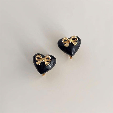 Elegant Black Heart Earrings with Golden Bow for Girls Sweet Fashion Jewelry