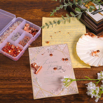 465PCS Rose Gold Thumbtacks Binder Clips Push Pins Set Office Supplies With Box