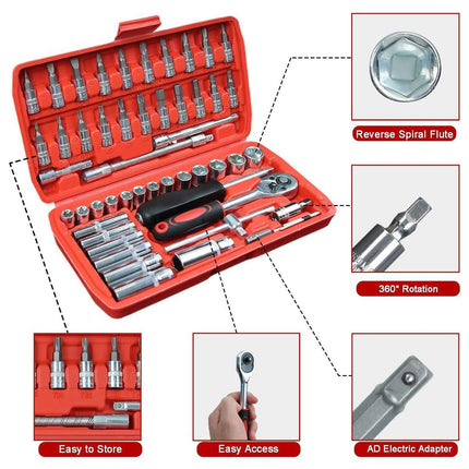 53PCS Metric Deep Socket Set 1/4" Drive Wrench with Flexible Extension Bar Tools