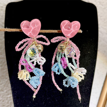 Cute Girly Pink Love Beaded Earrings Bow Bells Fashion Jewellery Women
