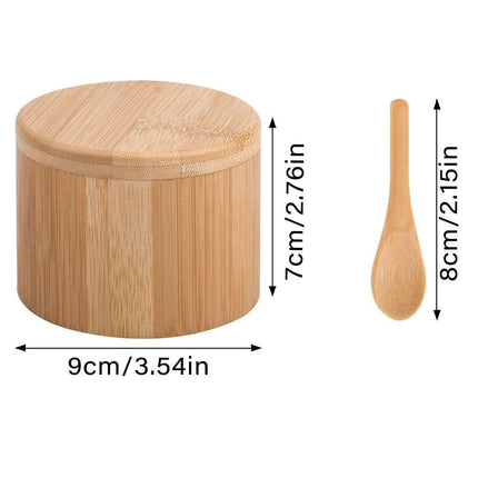 Bamboo Salt Box with Lid Mini Spoon Round Spice Storage Jar Kitchen Utensils Set