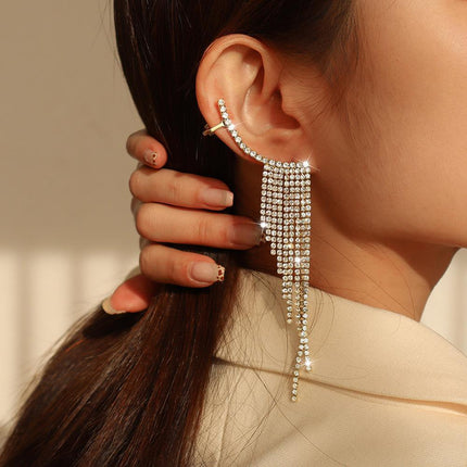 Bling Dangle Drop Tassel Earrings Long Tassel Rhinestone Rhinestone Earrings - Aimall