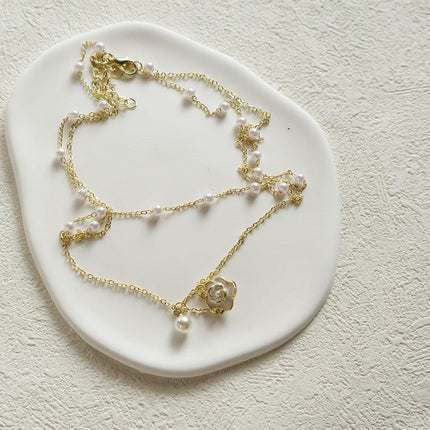 Gold Pearl Camellia Long Tassel Necklace Elegant Airy Jewelry for Women Gift