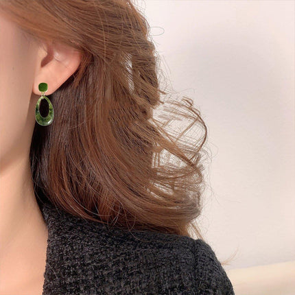 Retro Glossy Green Resin Earrings Women Fashion Round Dangle Jewelry Gift