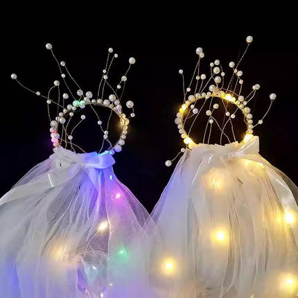 LED Crowns Glowing Headdress Wedding Bride Crowns Pearl Headwear viel party - Aimall