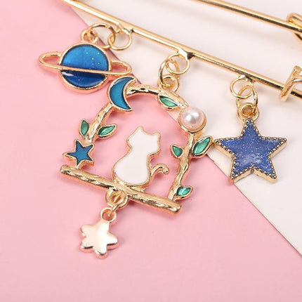 Cartoon Metal Brooch Cute Cat Swinging With Planet Moon Pendant Brooch Pin - Aimall