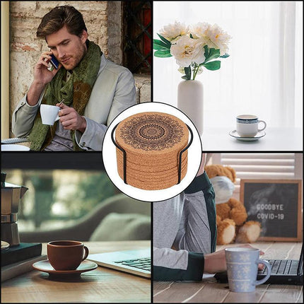 12Pc Cup Coasters Coffee Pad With Rack Nordic Mandala Round Cork Coaster - Aimall
