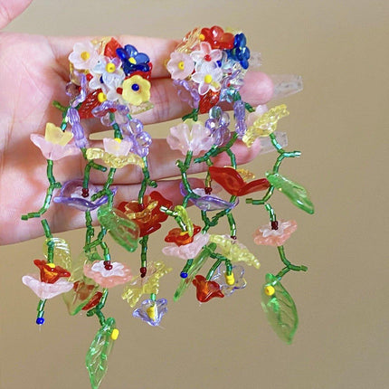Colourful Flower Long Drop Earrings Elegant Sweet Jewelry for Women Fashion Gift