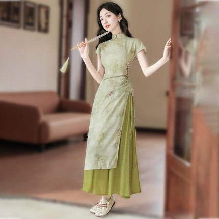 New Chinese Style Green Cheongsam Dress Daily Wear Modern Improved Dresses