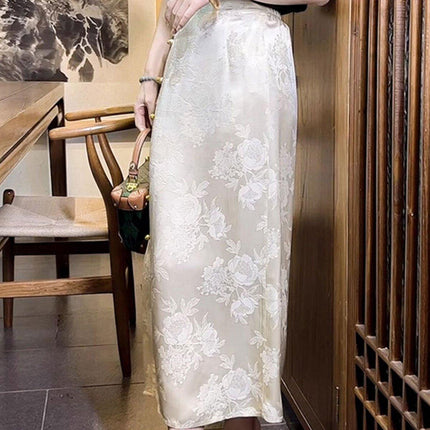 Retro White Cheongsam Style High Waist Slit Skirt for Women