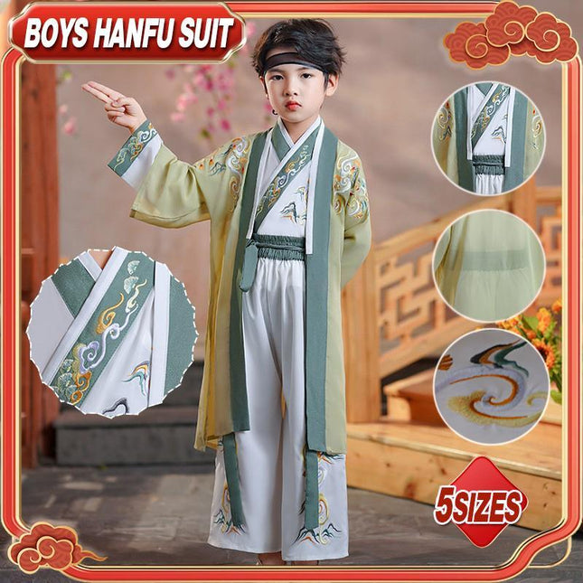 Kids Boys Hanfu Suit Top and Pants Embroidered Lace Up Bag Tassel Chinese Style - Aimall