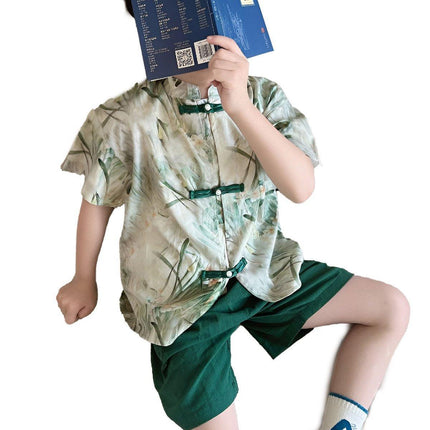 Summer Chinese-style Boys Green Short-Sleeved Shirt Short Pant Two-Piece Thin