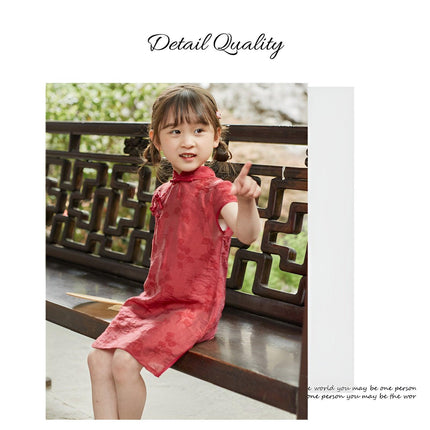 Summer Cotton Cheongsam Dress Girls Retro Solid Color Fashion Solid Color Dress - Aimall