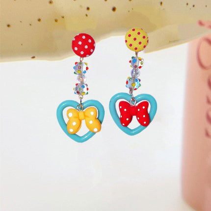 Trendy Bow Earrings Women Cute Peach Ear Clips Dotted Heart Stud Earrings