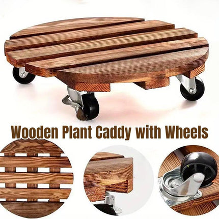 Wooden Round Universal Wheel Planter Base Tray Mobile Planter Stand for Garden