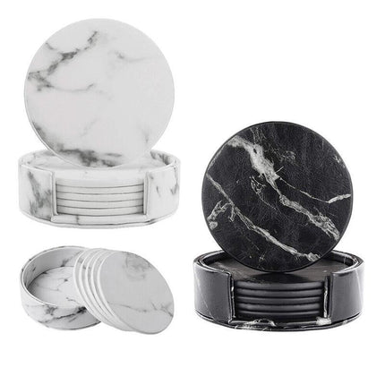 6x Coasters with Holder Marble Texture Round Cup Mat Pad Set For Drinks - Aimall