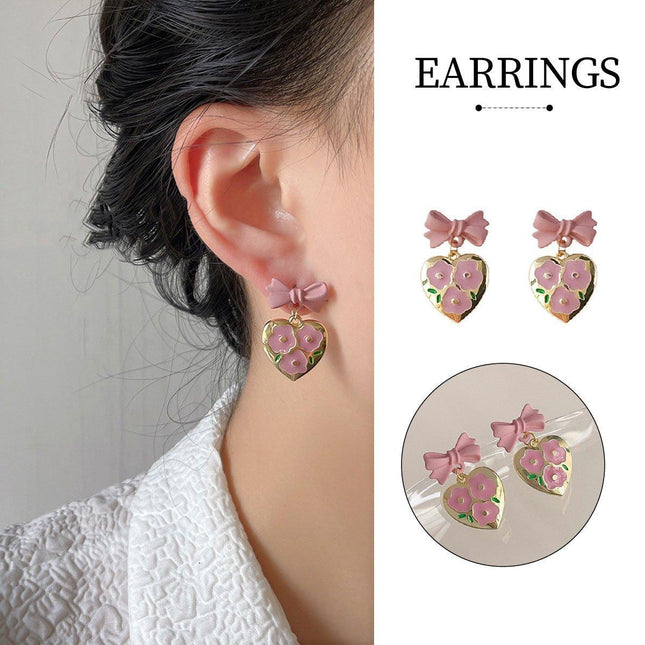 Lovely Pink Bow Heart Shaped Earrings Women Sweet Fashion Jewelry Gift