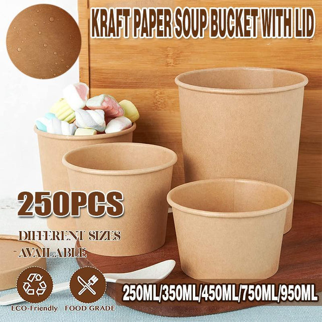 250x Biodegradable Kraft Paper Soup Bucket with Lid Takeaway Tubs Cups - Aimall