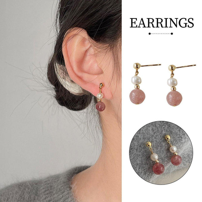 Elegant Strawberry Crystal Stud Earrings with Imitation Pearl Women Fashion