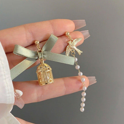 Bird Cage Asymmetrical Earrings Bow Long Fringe Dangle Jewelry Women Fashion